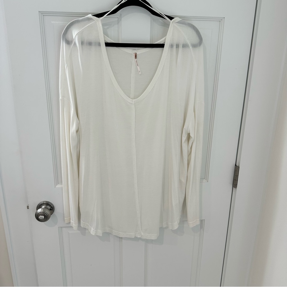 Free People White V-Neck Long Sleeve Tee